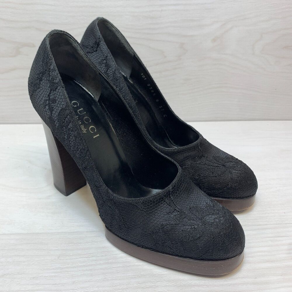 Gucci Platform Pumps Women's Size 7 Black Lace Round Toe Block Heel‎ Slip On